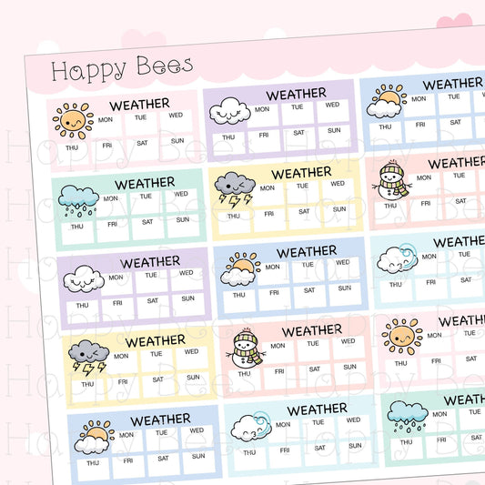 Weekly Weather Tracker Boxes - Cute Doodles Functional Planner Stickers D10218