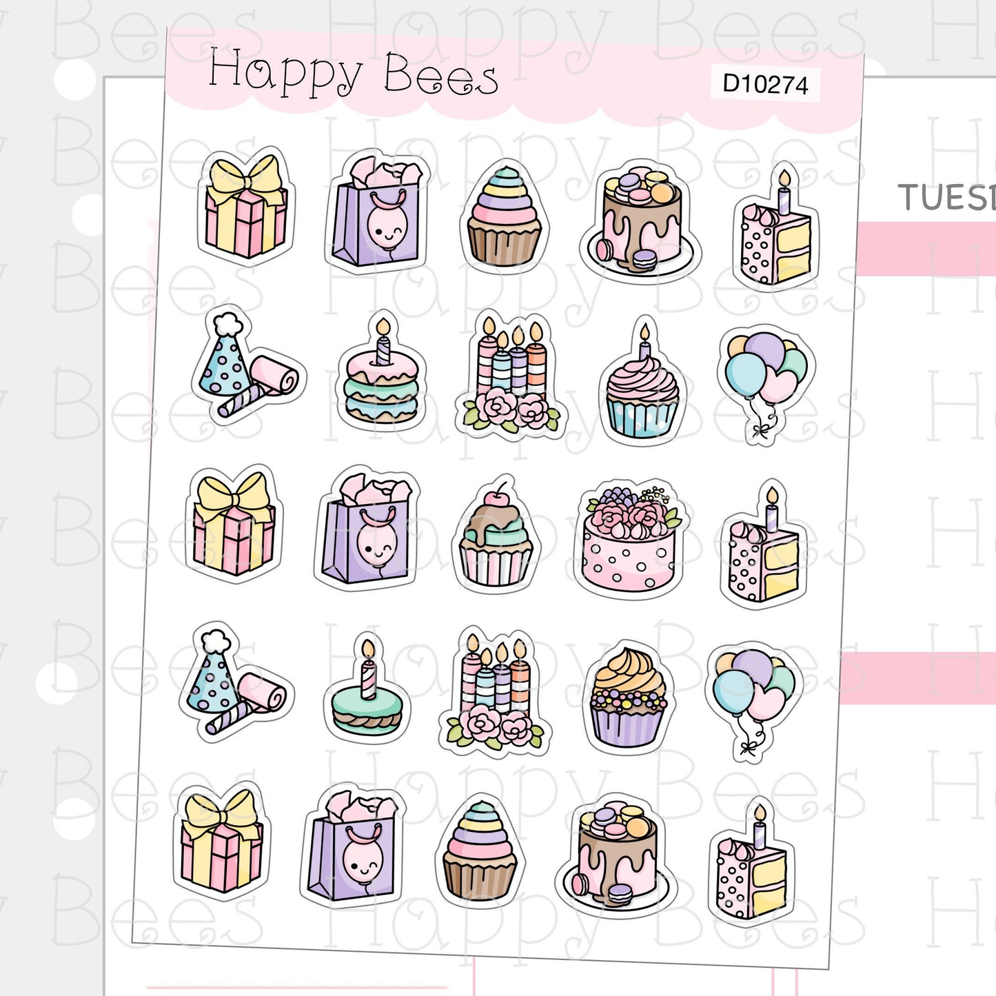 Birthday Doodles  - Cute Cupcake Floral Planner Stickers D10274