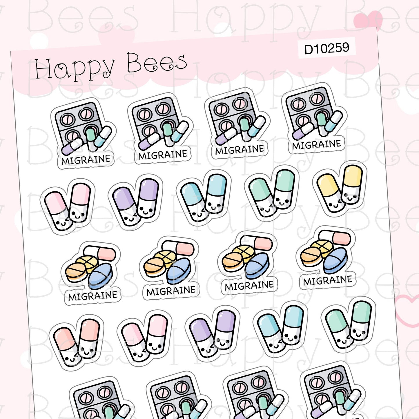 Migraine Doodles - Cute Health Medication Pills Planner Stickers D10259
