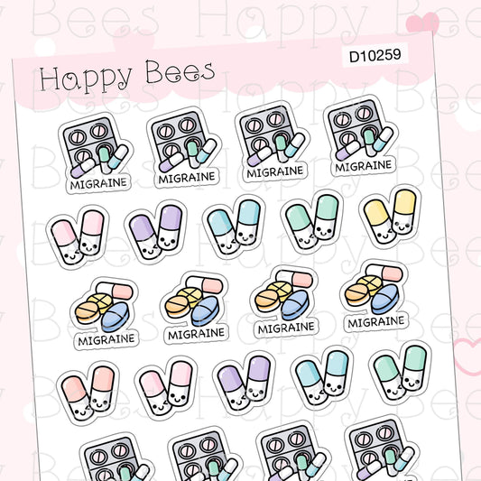 Migraine Doodles - Cute Health Medication Pills Planner Stickers D10259