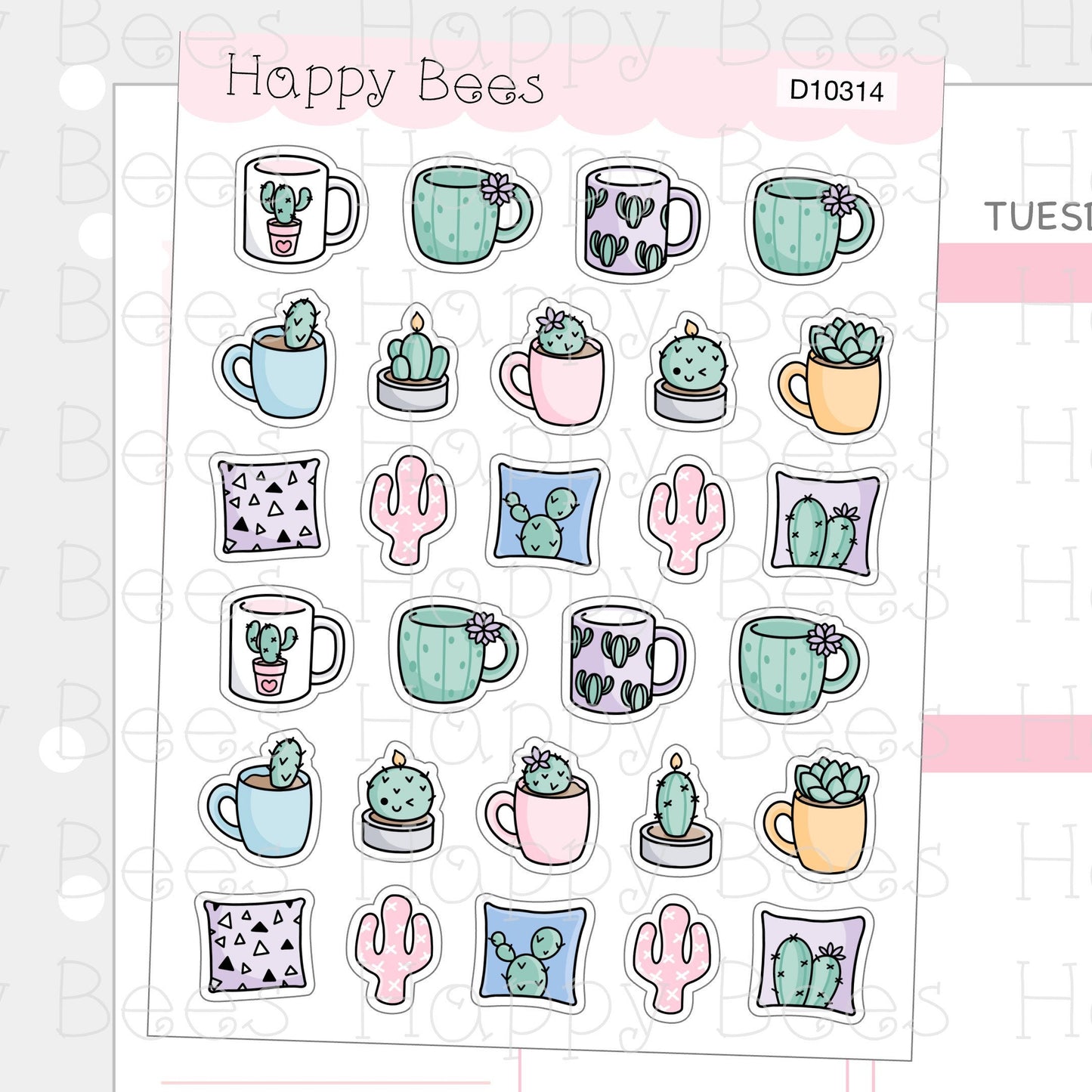 Cactus Mugs & Home Decor Doodles - Cute Succulent Planner Stickers D10314