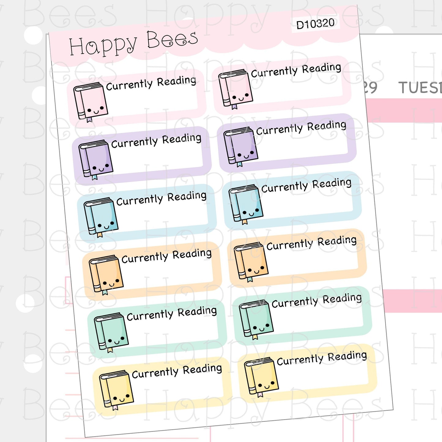 Currently Reading Boxes - Cute Book Doodles Planner Stickers D10320