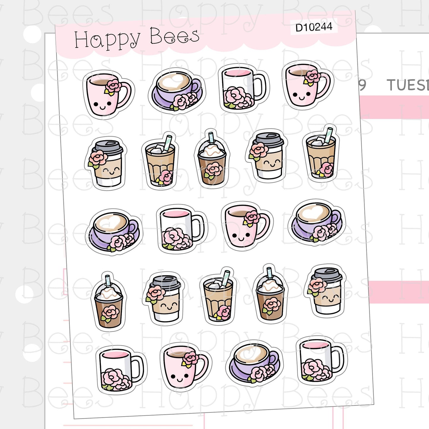 Rose Coffee Doodles - Cute Mug Floral Ice Coffee Planner Stickers D10244