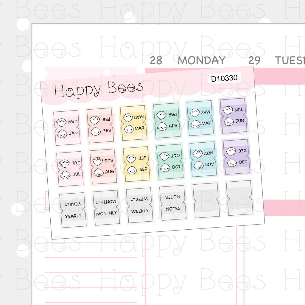 Mini Monthly Tabs Vol. 1 - Functional Cute Doodles Planner Stickers D10330