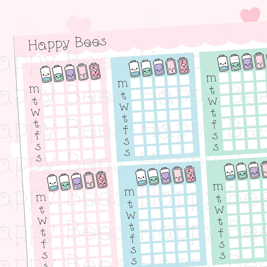 Energy Level Weekly Tracker Full Boxes - Cute Functional Planner Stickers D10268
