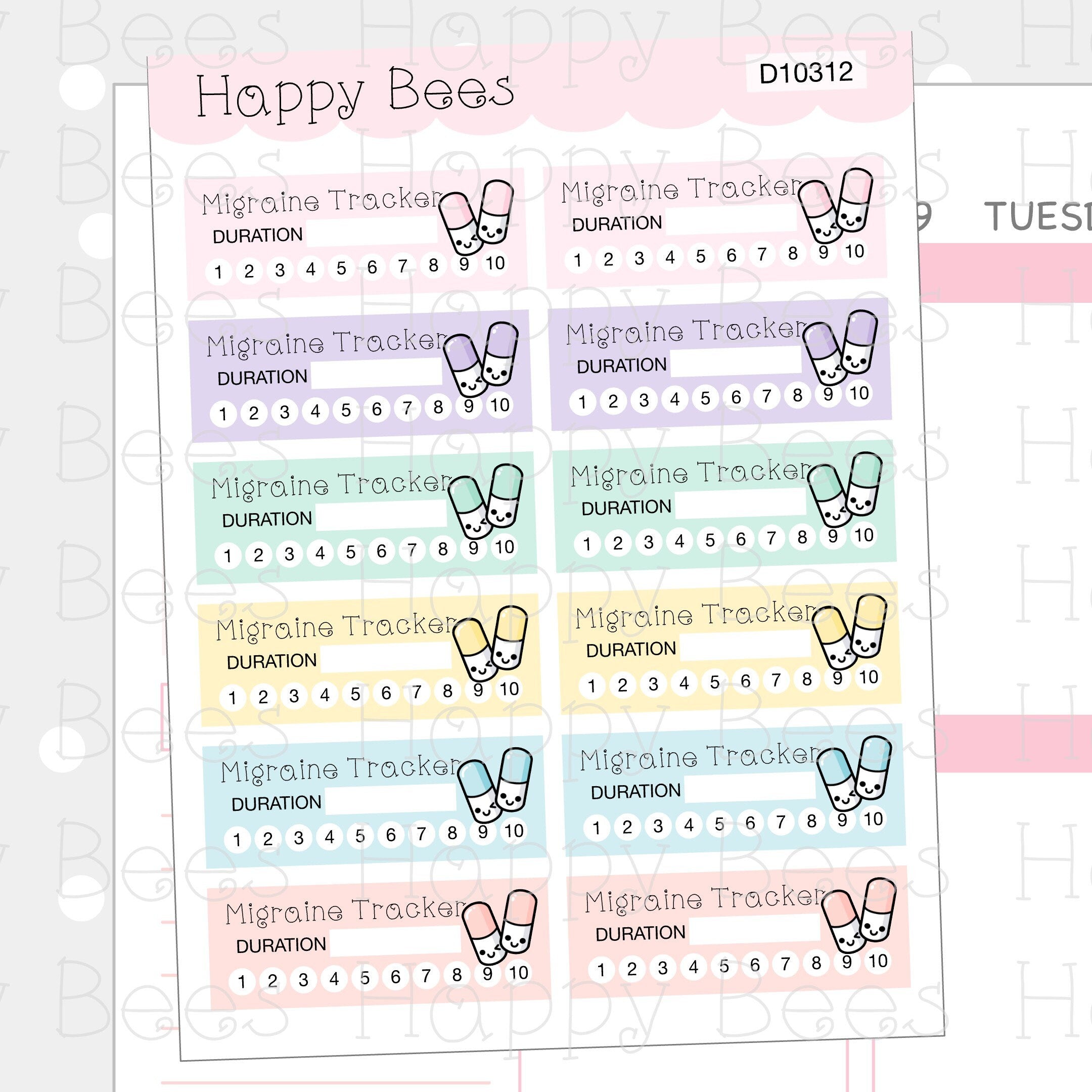 Migraine Tracker Boxes - Cute Doodles Medication Pills Planner Stickers D10312