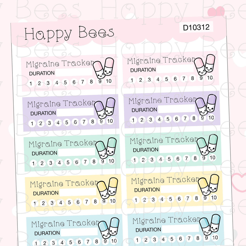 Migraine Tracker Boxes - Cute Doodles Medication Pills Planner Stickers D10312
