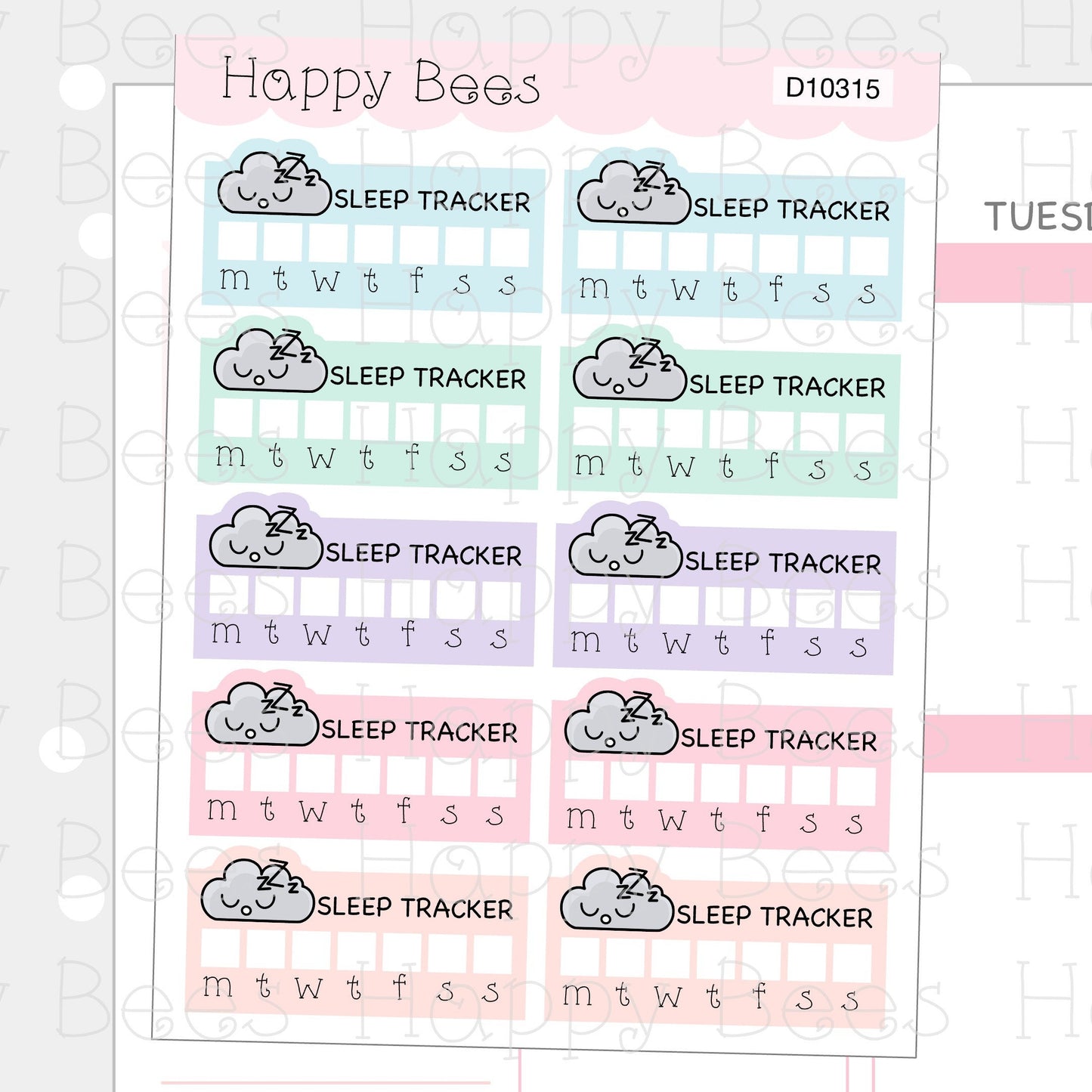 Weekly Sleep Tracker Boxes - Cute Doodles Health Planner Stickers D10315
