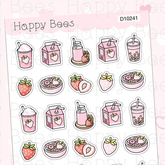 Strawberry Milk Doodles - Cute Food Cereal Fruit Breakfast Planner Stickers D10241