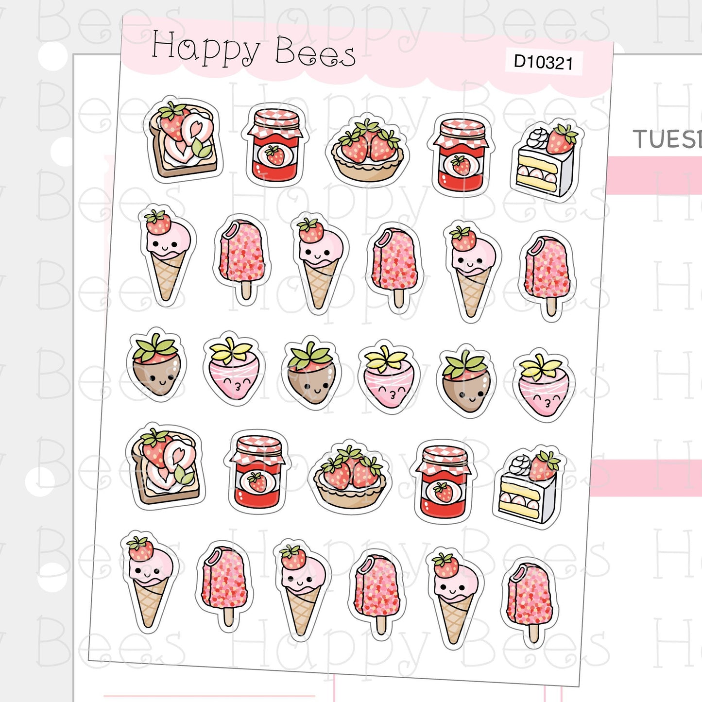 Strawberry Dessert Doodles - Cute Food Jam Ice Cream Planner Stickers D10321