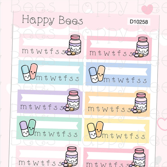 Vitamin Pills Tracker Boxes - Cute Doodles Health Planner Stickers D10258