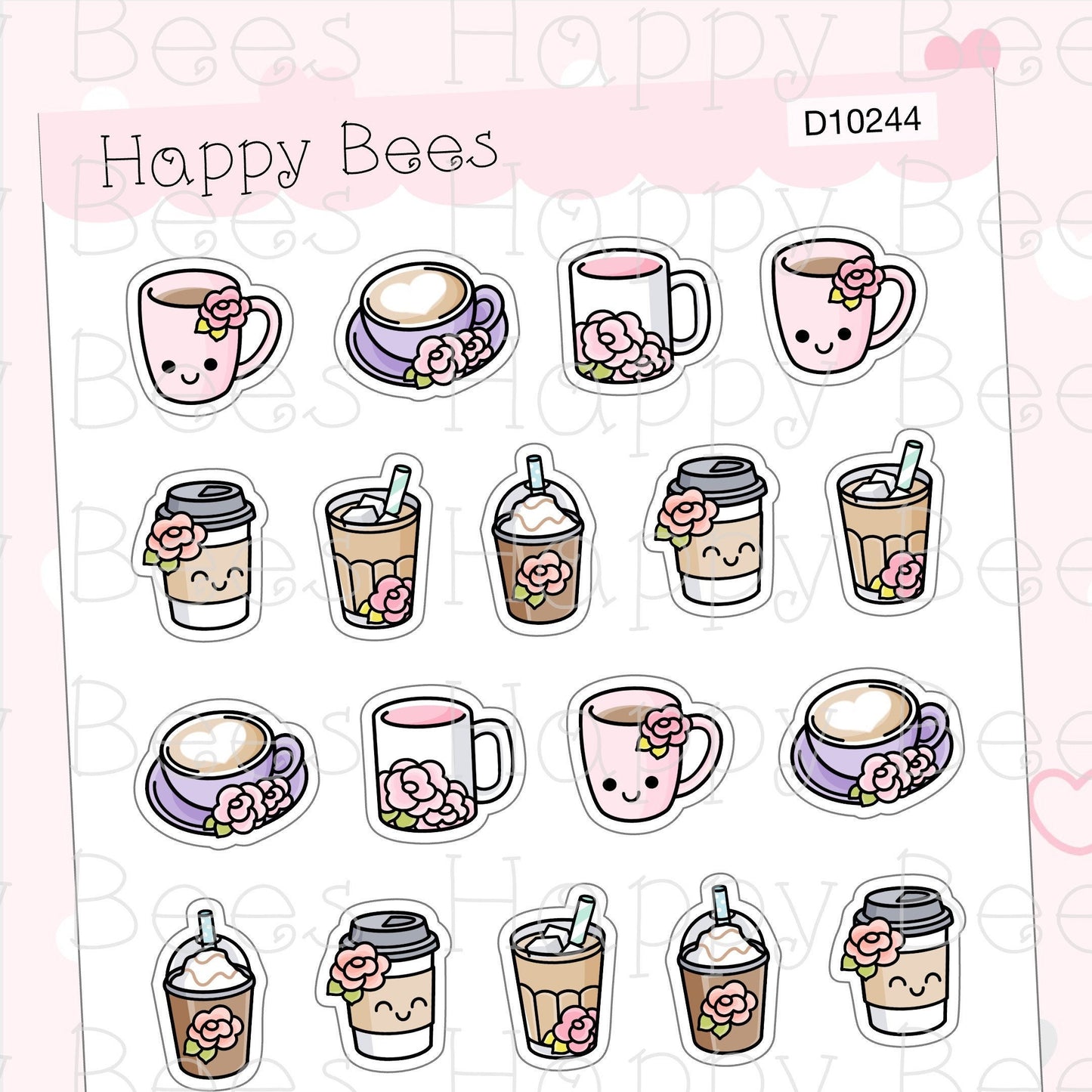 Rose Coffee Doodles - Cute Mug Floral Ice Coffee Planner Stickers D10244