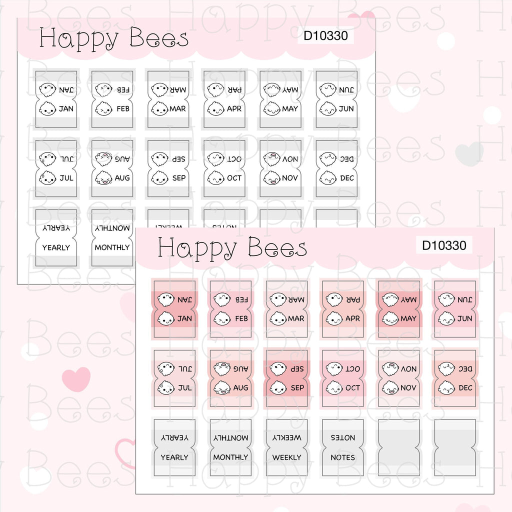 Mini Monthly Tabs Vol. 1 - Functional Cute Doodles Planner Stickers D10330
