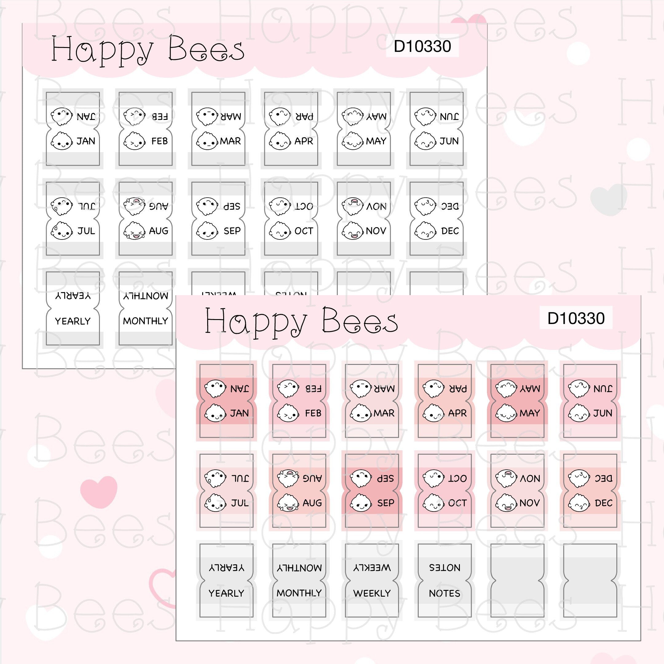 Mini Monthly Tabs Vol. 1 - Functional Cute Doodles Planner Stickers D10330