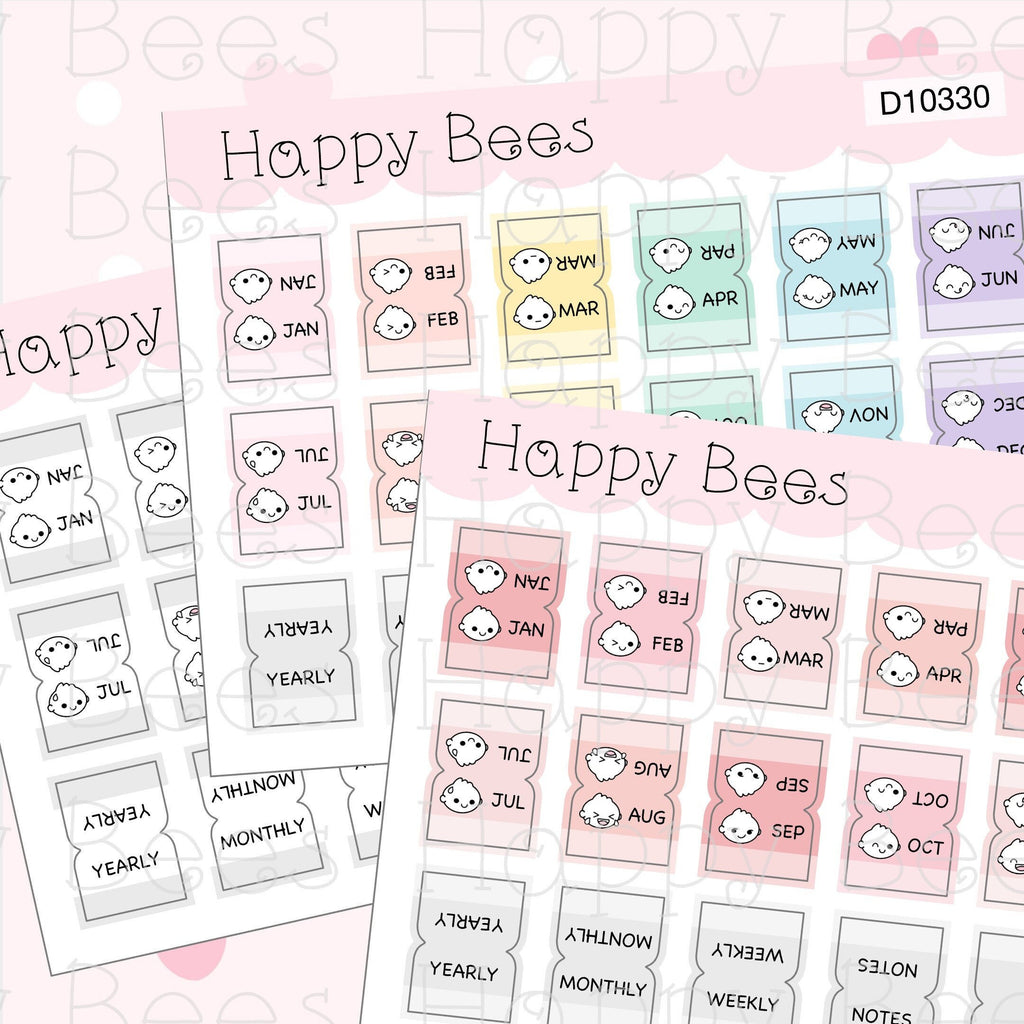 Mini Monthly Tabs Vol. 1 - Functional Cute Doodles Planner Stickers D10330