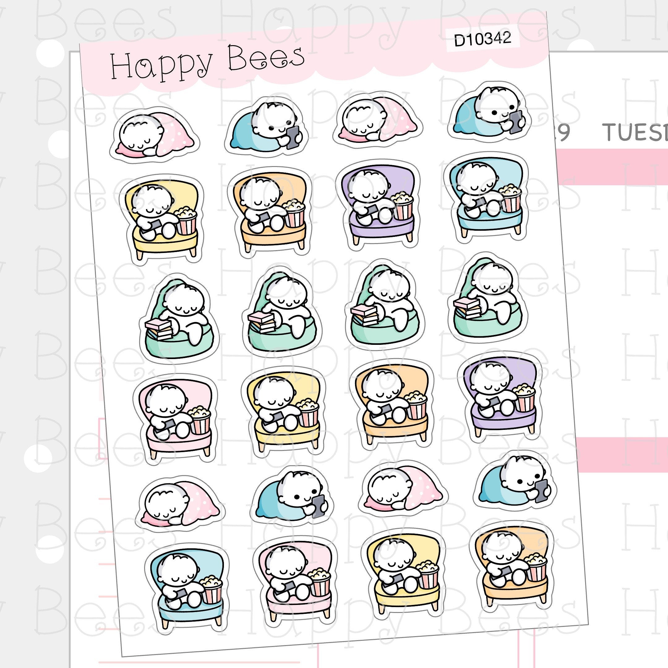 Lazy Day Doodles - Cute Sleepy Movie Time Planner Stickers D10342