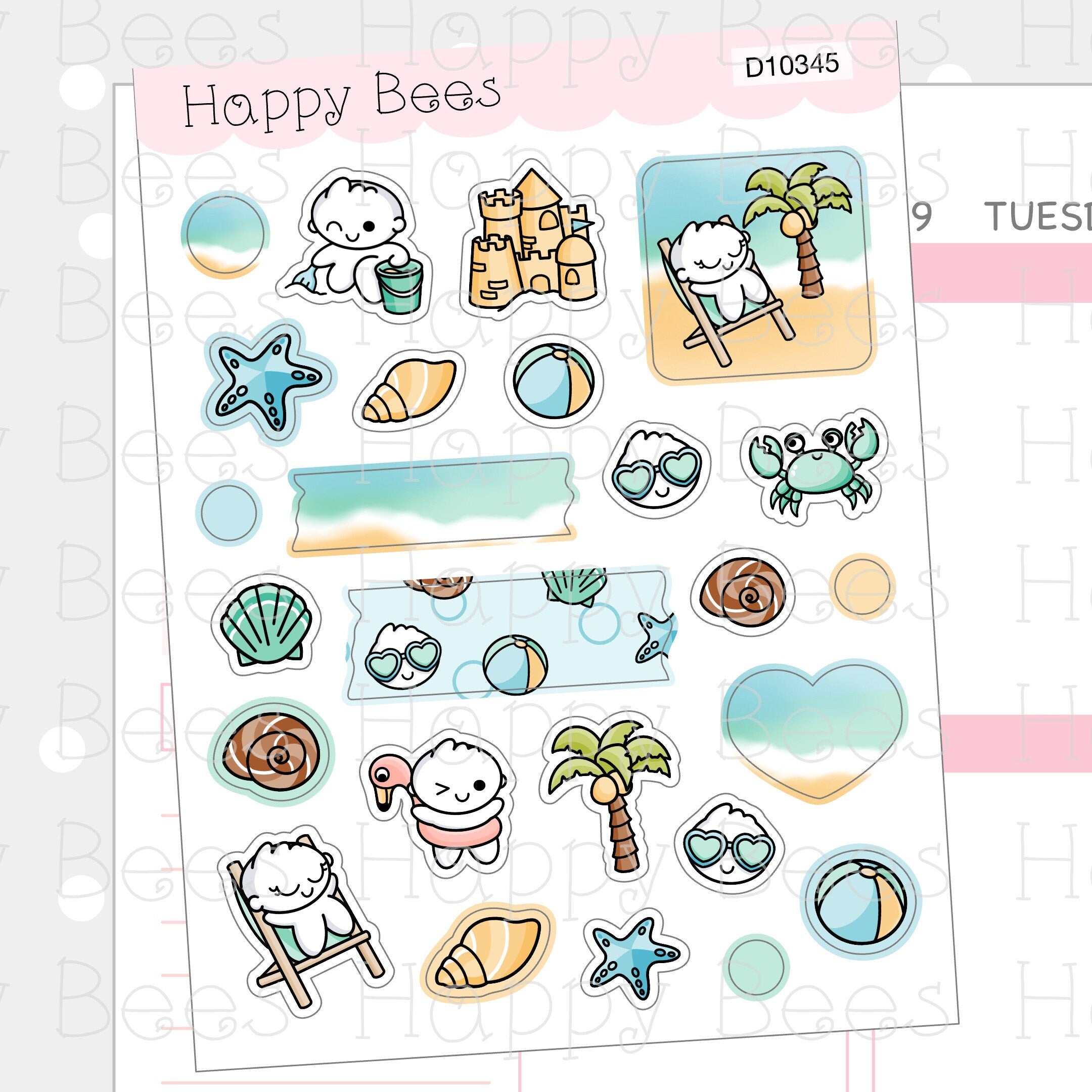 Beach Vacation Deco Sheet - Cute Doodles Journal Planner Stickers D10345